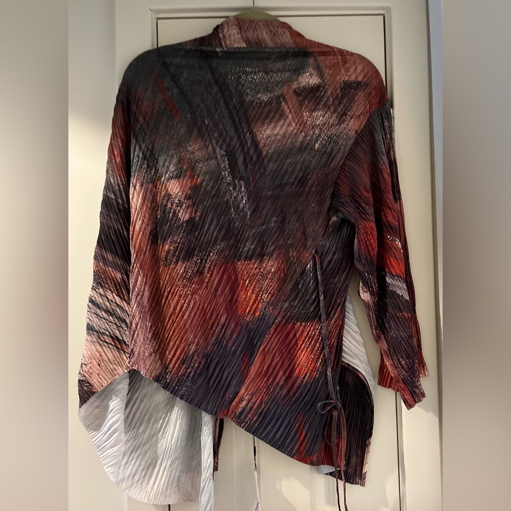 Abstract Red and Black Asymmetrical Top and flared maxi pull -on pants.